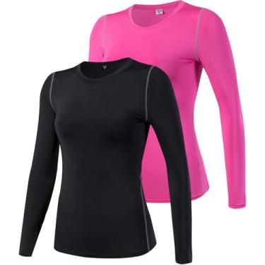 Imagem de Camisetas femininas FPS 50+ manga longa UV para treino Rash Guard camiseta de secagem rápida tops de ioga de corrida roupas de banho folgadas, Pacote com 2, preto + rosa, XG