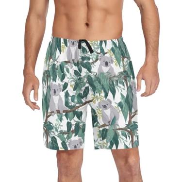 Imagem de CHIFIGNO Shorts de pijama masculino, short de pijama para dormir, short de pijama elástico com bolsos e cordão, Coala fofa com folhas verdes, GG