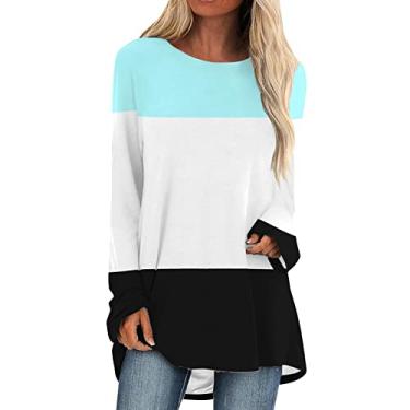 Imagem de Camiseta longa grande para mulheres com estampa colorida em bloco, gola redonda, túnica para usar com leggings Ajuste solto Folgado cor feminino com Patchwork colorido F79-K X-Large