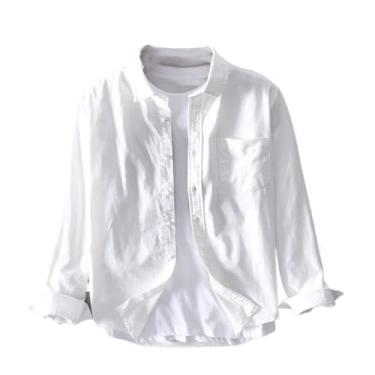 Imagem de Camiseta masculina de manga longa primavera outono casual casual algodão sólido bolso de veludo cotelê Slim Shirt Harajuku Top, Branco, PP