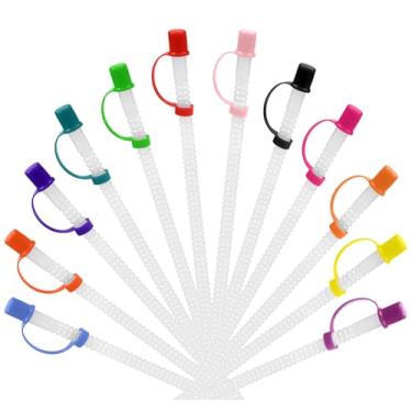 Imagem de Guzzling Mugs Canudos de plástico reutilizáveis com tampas, dobráveis para copos de bebida, flexíveis para canecas de hospitais e lojas de conveniência, canudos ondulados extralongos altos