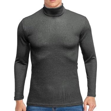 Imagem de Suéter masculino outono e inverno gola alta quente camisa masculina manga longa camiseta de malha, Cinza escuro, G