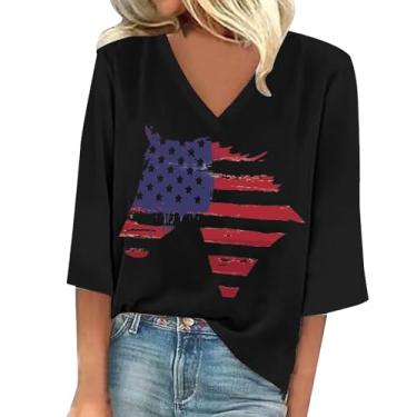 Imagem de Camiseta feminina patriótica com bandeira americana manga 3/4 Dia da Independência Top 4 de julho Vintage Star Stripe Blusa Gráfica Túnica, Preto, G