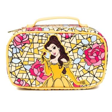 Imagem de Disney Bolsa de cosméticos de viagem de couro vegano, bolsa de maquiagem para mulheres, Bela e a Fera, aplique de pose rosa, estampa de vitral, couro vegano, Amarelo, 8.75" x 5.25"