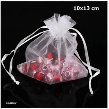 Imagem de 50 Saquinhos De Organza 10x13  Branco Fita Cetim - OKABOX