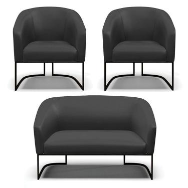 Imagem de Sofá Namoradeira e 2 Poltronas Base Industrial Preto Stella Corino D03 - D`Rossi