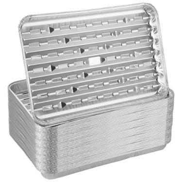 Imagem de ZUQIAN Pacote com 50 formas de grelha de folha de alumínio com orifícios, revestimento de alumínio de 23 x 33 cm, formas descartáveis para cozinhar bandejas de churrasco, bandejas de gotejamento de