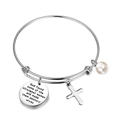 Imagem de HOLLP Presente de Pastores Esposa Joias Religiosas Presentes de Apreciação de Pastores God Found Some Of The Strongest Women And Made Them Pastors' Wives Pulseira com Pingente de Cruz, Metal