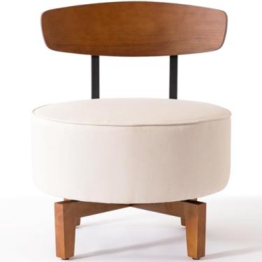 Imagem de MILCIL Cadeira giratória para sala de estar com encosto, banco de madeira estofado para quarto, escritório, cadeira moderna de meados do século, creme de linho