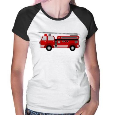Imagem de Baby Look Raglan Caminhão de Bombeiro - Foca na Moda, Branco, Preto, G