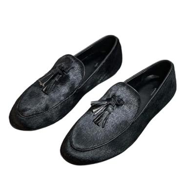 Imagem de 2025 Mocassins de verão retrô com borla de crina de cavalo sapatos femininos minimalistas sapatos rasos de couro genuíno retrô, Preto, 36