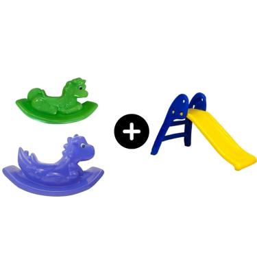 Imagem de Escorregador Baby Infantil Amarelo c/ Azul + Dino Azul + Unicornio Verde Azul para a diversão de meninos e garotos de todas as idades brinquedos legai