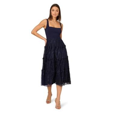 Imagem de Adrianna Papell Vestido midi feminino de crepe e renda, Azul-marinho escuro, 42