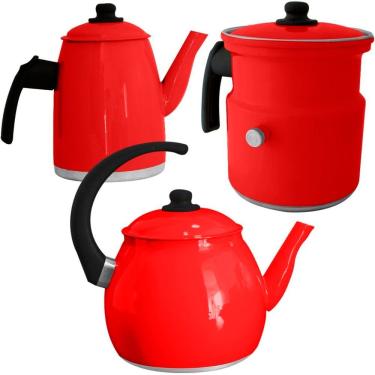 Imagem de Kit Chaleira Leiteira E Bule Gulê Alumínio 3 Peças Vermelho