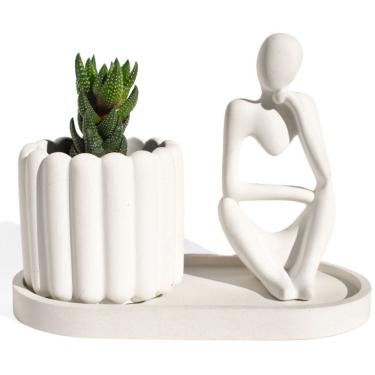 Imagem de Conjunto Decorativo 3 Peças Estátua Pensadora Vaso Tulipa E Bandeja Branco