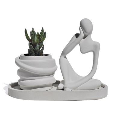 Imagem de Conjunto Decorativo 3 Peças Estátua Pensadora Vaso Saturno Bandeja Cinza