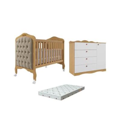Imagem de Quarto Bebe Berço e Cômoda MDF Canto Dorabelly +Colchão e Capitonê - P
