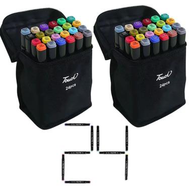 Imagem de Canetas Canetinhas 24 Cores Ponta Dupla Permanente Kit 2 Uni Estojo Bolsa Alça Desenho Pintura Arte Moda