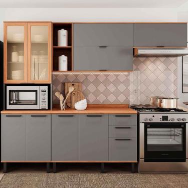 Imagem de Armário De Cozinha Castanha 2700mm Paneleiro E Balcão Com Vidro 4 Peças - Cinza/freijó