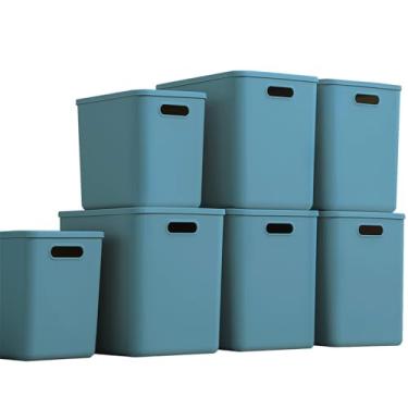 Imagem de GUMEIGODA Caixas de armazenamento de plástico com tampas, cestas de armazenamento, recipiente com alça, caixas organizadoras de armazenamento para prateleiras, escritório, quartos, armários, armários