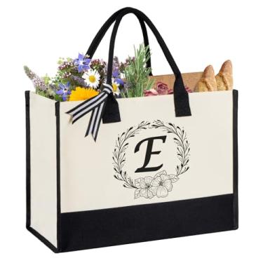 Imagem de Miokok Sacola de lona com inicial personalizada, bolsa de praia para mulheres, presente de aniversário, presente de casamento para mãe, professoras, amigas, enfermeiras, Preto, branco