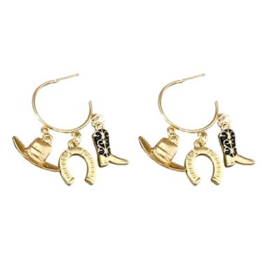 Imagem de Brincos femininos de cowgirl ocidental, chapéu de rodeio, ferradura, cowboy, pingente exclusivo, meia argola, banhado a ouro, moda, concerto, country, fantasia, fantasia de volta às aulas, joias