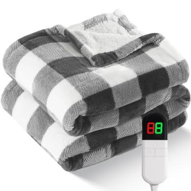 Imagem de Cobertor solteiro de Natal com aquecimento elétrico de 157,5 cm x 213,4 cm Sherpa Buffalo xadrez com 8 níveis de aquecimento e 8 horas de desligamento automático, cobertor lavável quente com