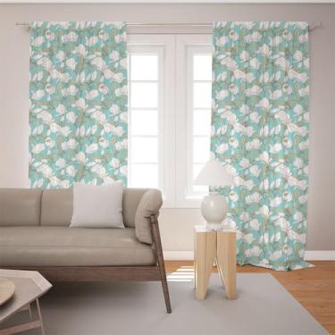 Imagem de Cortina Tecido Oxford Sala Flores Brancas e Folhas - 140x220cm - Fabri