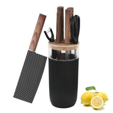 Imagem de Conjunto de facas, YF-TOW Conjunto de facas de cozinha pretas de 7 peças com bloco de facas universal, conjunto de facas de chef de aço inoxidável super afiadas antiferrugem com alças ergonômicas
