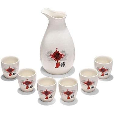 Imagem de JOEUQK Conjunto de saquê tradicional conjunto de saquê conjunto de saquê de cerâmica material cerâmico, 6 copos de saquê, 1 pote de saquê
