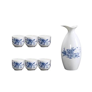 Imagem de JOEUQK Conjunto de 7 peças de saquê, conjunto de copos de saquê de cerâmica retrô tradicional japonês, com 6 xícaras de saquê, 1 pote de saquê. Design elegante, melhor presente para copos de família e