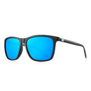 Imagem de Óculos de sol unissex de alumínio polarizado vintage para homens/mulheres, Armação preta fosca/lente espelhada azul/hastes cinza, Lens Width: 56 Millimeters