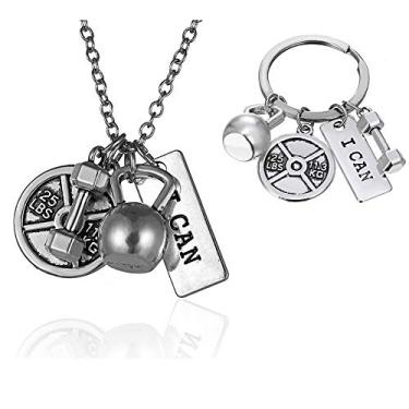 Imagem de Rinhoo Colar unissex de aço inoxidável para musculação com citações para exercícios e exercícios com halteres e pingente banhado a ouro branco/banhado a ouro branco