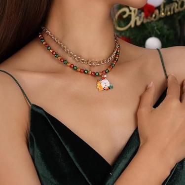 Imagem de Colar elegante com pingente de camada dupla de Papai Noel requintado colorido com contas com tema de Natal, joias modernas, presente exclusivo para mulheres