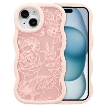 Imagem de XIZYO Capa para iPhone 15, linda flor floral ondulada rosa estética, moldura ondulada encaracolada mulheres meninas fosco TPU bumper à prova de choque, rosa fosco