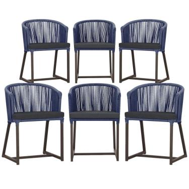 Imagem de 6 Cadeiras De Jantar Noronha Marrom Corda Náutica E11 Trama Azul
