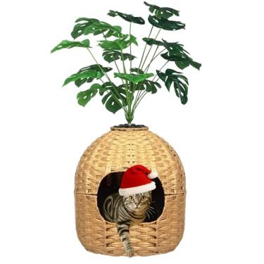 Imagem de Caixa de areia oculta para gatos caixa de móveis para plantas casa de gato com planta sintética, vaso redondo decorativo de vime tecido à mão cama de gato para gatos internos com filtro de controle de