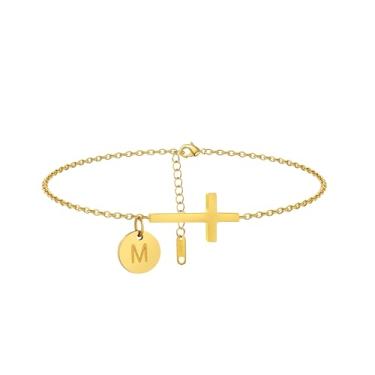 Imagem de Mauzew Tornozeleira feminina com inicial dourada delicada à prova d'água com cruz dourada personalizada A-Z Moeda Disco Letra Tornozelo Pulseira Verão Praia Joias Presentes Amizade, one size, Sem