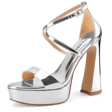 Imagem de Sandálias femininas de salto alto grosso, plataforma aberta, peep toe, tira no tornozelo, salto com tiras e fivela de tira cruzada única para mulheres, casamento sexy, 12 cm, Patente de prata, 38