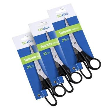 Imagem de GO Office Tesoura Multiuso 21cm, Lâmina em Aço Inox, Cabo Anatômico Anti Derrapante, Kit com 3 Unidades, para Artesanato, Costura, Escritório e Escolas