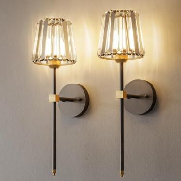 Imagem de Conjunto de 2 arandelas de parede operadas por bateria de cristal, preto e dourado, recarregáveis, sem fio, com abajur de cristal, 12 lâmpadas de parede RGB e 3CCT reguláveis com controle remoto para