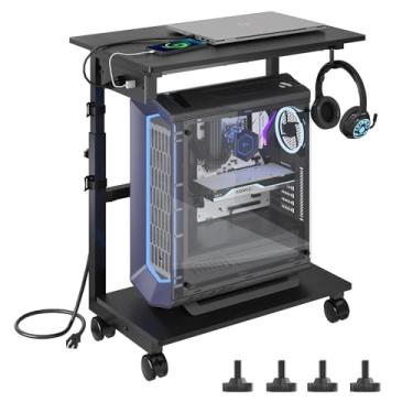 Imagem de HavenlyYouth Suporte de torre de computador de 2 níveis com tomada, suporte de torre de PC ajustável em altura com rodas, suporte de CPU ATX-Case com ganchos para casa, escritório, jogos (preto)