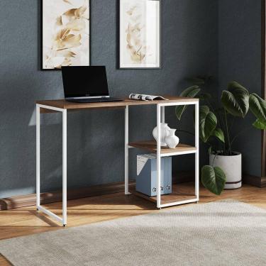 Imagem de Mesa Escritório Berlim Industrial Com Prateleira Ferro Branco Tampo 110x46 Amêndoa