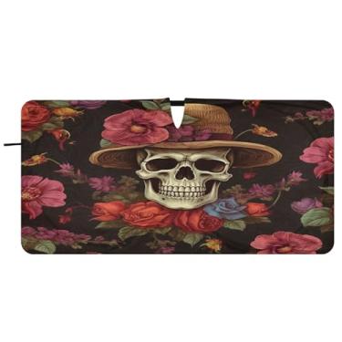 Imagem de Blueangle Para-brisa com padrão de crânio rosa - 149.9 cm x 76.2 cm dobrável carro janela dianteira para-sol blocos raios UV viseira de sol (698)