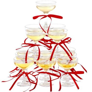 Imagem de Maxdot Conjunto de 20 copos de café expresso para martini, copos de acrílico para cupê, torre de champanhe com laços, para decoração de aniversário e despedida de solteira (vermelho)