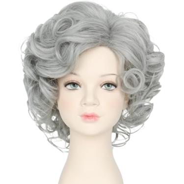 Imagem de Peruca de fantasia de senhora curta cinza encaracolado avó peruca aniversário festa cabelo cabeça pequena