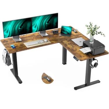 Imagem de Marsail Mesa de canto elétrica em forma de L com tomada elétrica 4 em 1, gancho para fone de ouvido e funções de memória, suporte ergonômico para sentar, mesa de computador e mesa de jogos, rústica