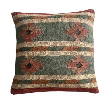 Imagem de Shivanifashions Kilim Capa de almofada vintage quadrada feita à mão fronha étnica 45,7 x 45,7 cm almofada decorativa de juta indiana para decoração de casa (padrão 20)