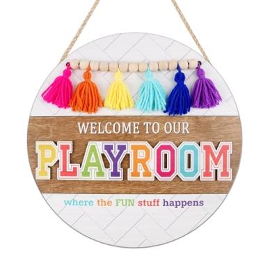 Imagem de HOURIA Placa de madeira 3D Welcome to Our Playroom (29 x 29 cm), placa de porta divertida para sala de jogos, decoração de parede com citação inspiradora de arco-íris colorido para sala de aula