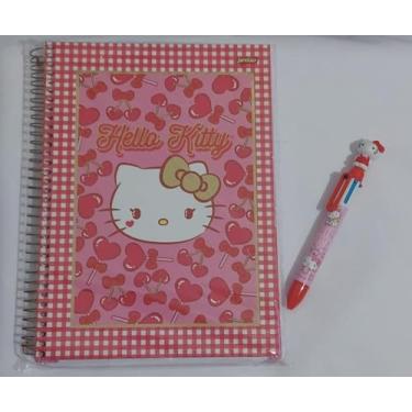 Imagem de Caderno He-llo Ki-tty 10 Matérias com Caneta Personagem, Rosa com Cerejas, Kit Presente